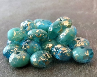 Turquoise Aqua Antique Gold Czech Glass Bead Faceted 7x5mm Rondelle :  Full Strand Blue Rondelle