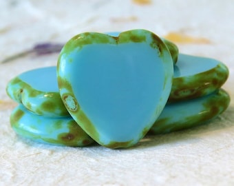 Blue Turquoise Picasso Czech Glass Heart Bead 16mm : LAST 6 pc Blue Heart Bead