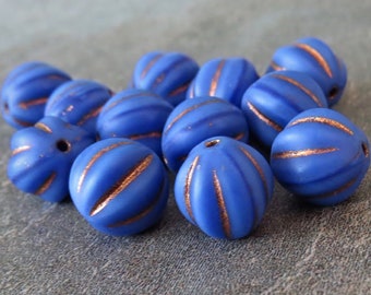 Indigo Blue Antique Bronze Matte Czech Glass Bead 8mm Fluted Melon Choose Amount