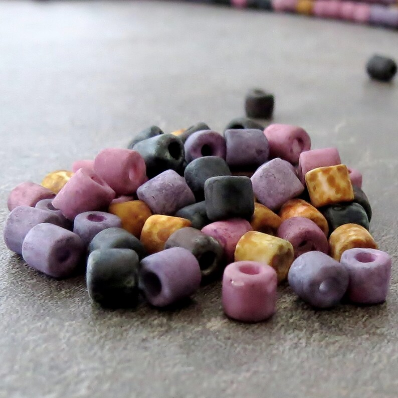 Matte Pink Lavender 6/0 Aged Tile Tube Czech Glass Seed Bead Mix : 10 inch Strand 4mm Picasso Bugle Mix image 2