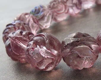 NEW Rose Pink Metallic AB Czech Glass Bead 13mm Rosebud : 6 pc Large Flower Bead