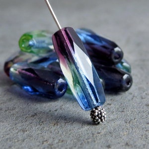 Amethyst Sapphire Jonquil Spaghetti Czech Glass Bead 15mm Long Oval : 10 pc Faceted Tri Color Bead