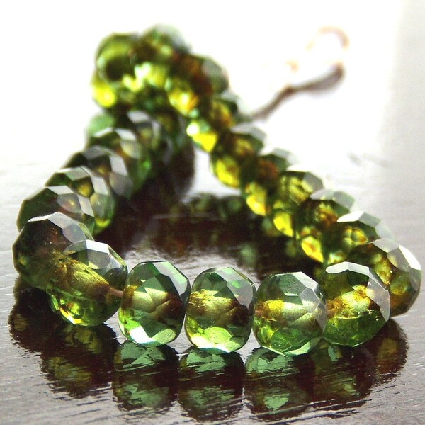 Peridot Picasso Gemstone Cut 4x6mm Czech Glass Donut - LAST 25