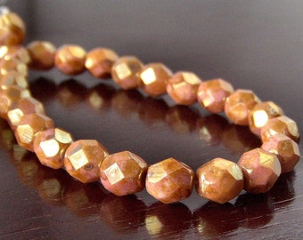 Czech Glass Bead 6mm Rose Gold Topaz Faceted Rounds : 25 pc full strand