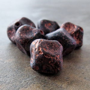 NEW Jet Black Copper Etched Czech Glass Bead 13mm Meteorite Nugget : 6 pc image 1