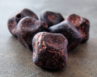 NEW Jet Black Copper Etched Czech Glass Bead 13mm Meteorite Nugget  : 6 pc