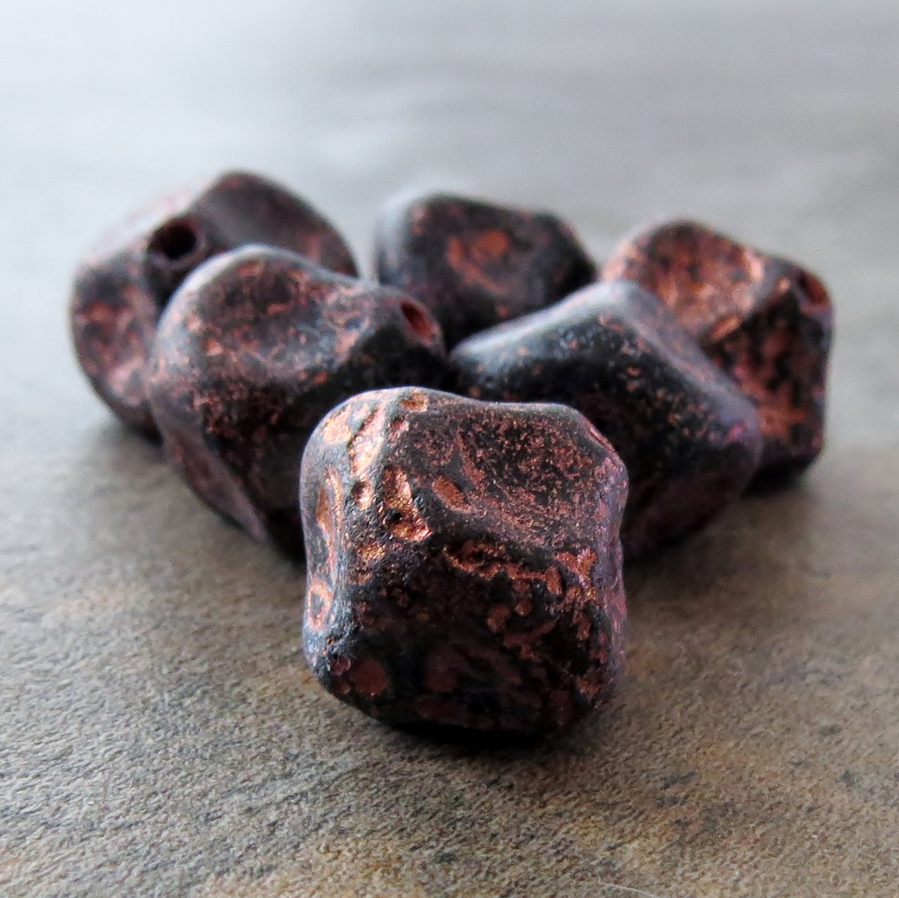 NEW Jet Black Copper Etched Czech Glass Bead 13mm Meteorite Nugget