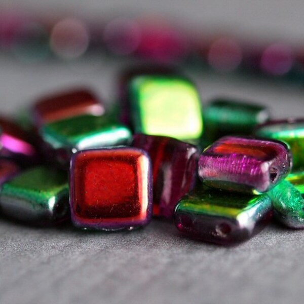 Marea Peacock CzechMates Czech Glass Bead 6mm Two Hole Tile : LAST 25 pc