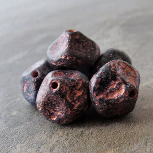 NEW Jet Black Copper Etched Czech Glass Bead 13mm Meteorite Nugget : 6 pc image 4