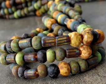 Matte Tropical Forrest 4/0 Aged Czech Glass Striped Tube Seed Bead Picasso Mix: 10 Inch Strand