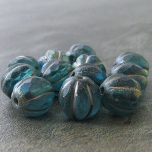 NEW 8mm Matte Caribbean Metallic AB Faceted Czech Glass Bead Large Melon Round : 12 pc Blue Fluted Bead