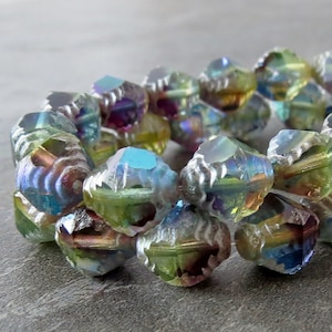 10x8mm Bicone Amethyst Sapphire Jonquil Silver Czech Glass Bead : 10 pc Faceted Tri Color Bicone