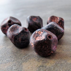 NEW Jet Black Copper Etched Czech Glass Bead 13mm Meteorite Nugget : 6 pc image 3