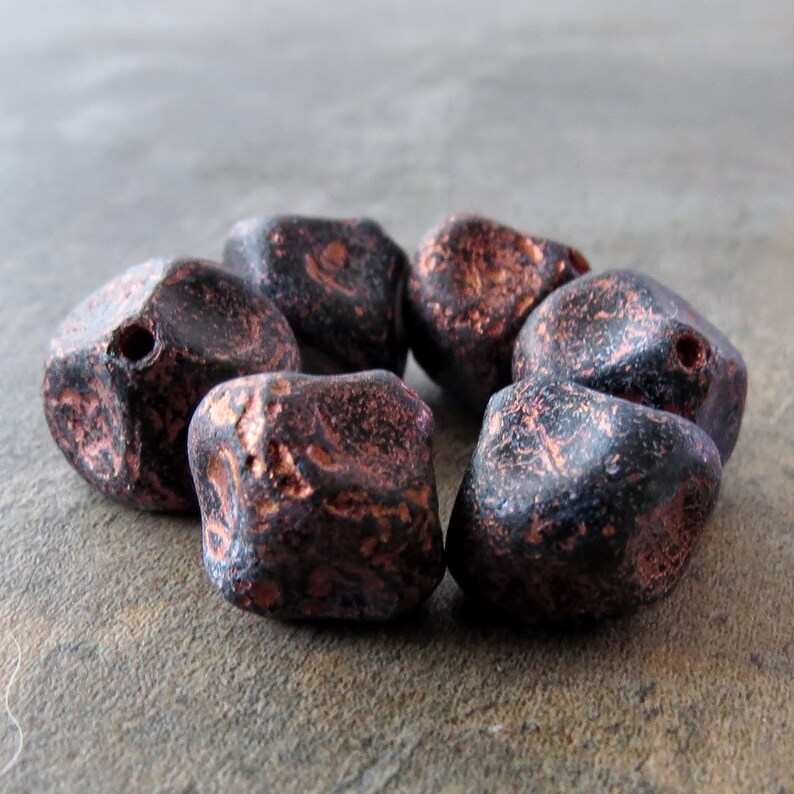 NEW Jet Black Copper Etched Czech Glass Bead 13mm Meteorite Nugget : 6 pc image 2