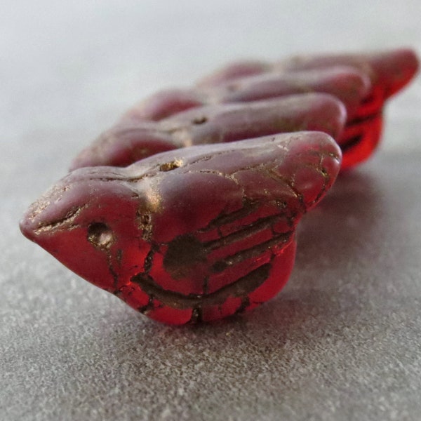 Matte Ruby Red Gold Wash 22mm Czech Glass Birdie Bead : 4 pc Red Bird Bead