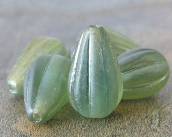 13mm Matte Green Aqua White Bronze Finish Melon Drop Czech Glass Teardrop Bead : 6 pc Green Drop