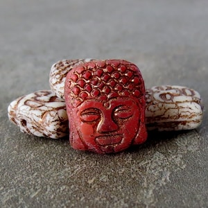 Buddha Red White Antique Bronze 14mm Czech Glass Coin Bead :  3 pc Czech Buddha Bead