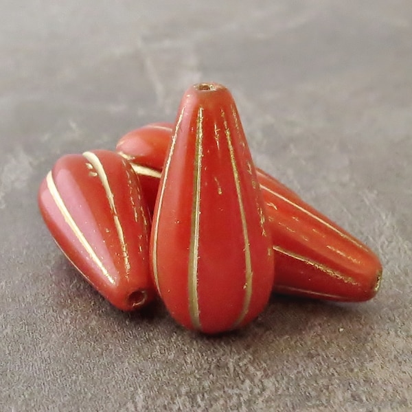 Lady Bug Red Orange Gold Wash 22mm Melon Drop Czech Glass Large Teardrop Bead