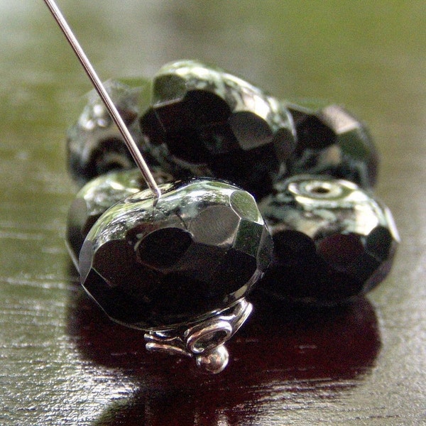 Czech Glass Bead 9x14mm Faceted Jet Black Picasso Rondelle : 6 pc