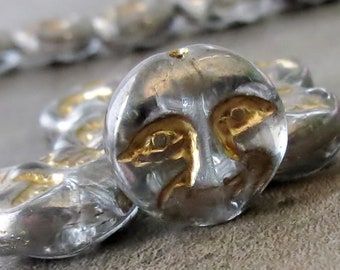 Hematite Luster Gold Wash Moon Face Czech Glass 13mm Bead : 6 pc