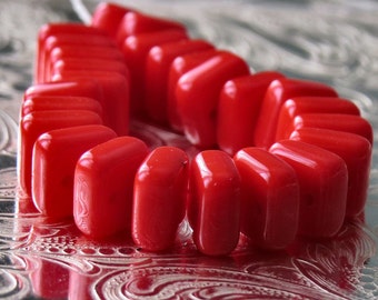 Opaque Coral Chexx Czech Glass Bead 6mm Two Hole Tile : 25 pc Czech Chexx Beads