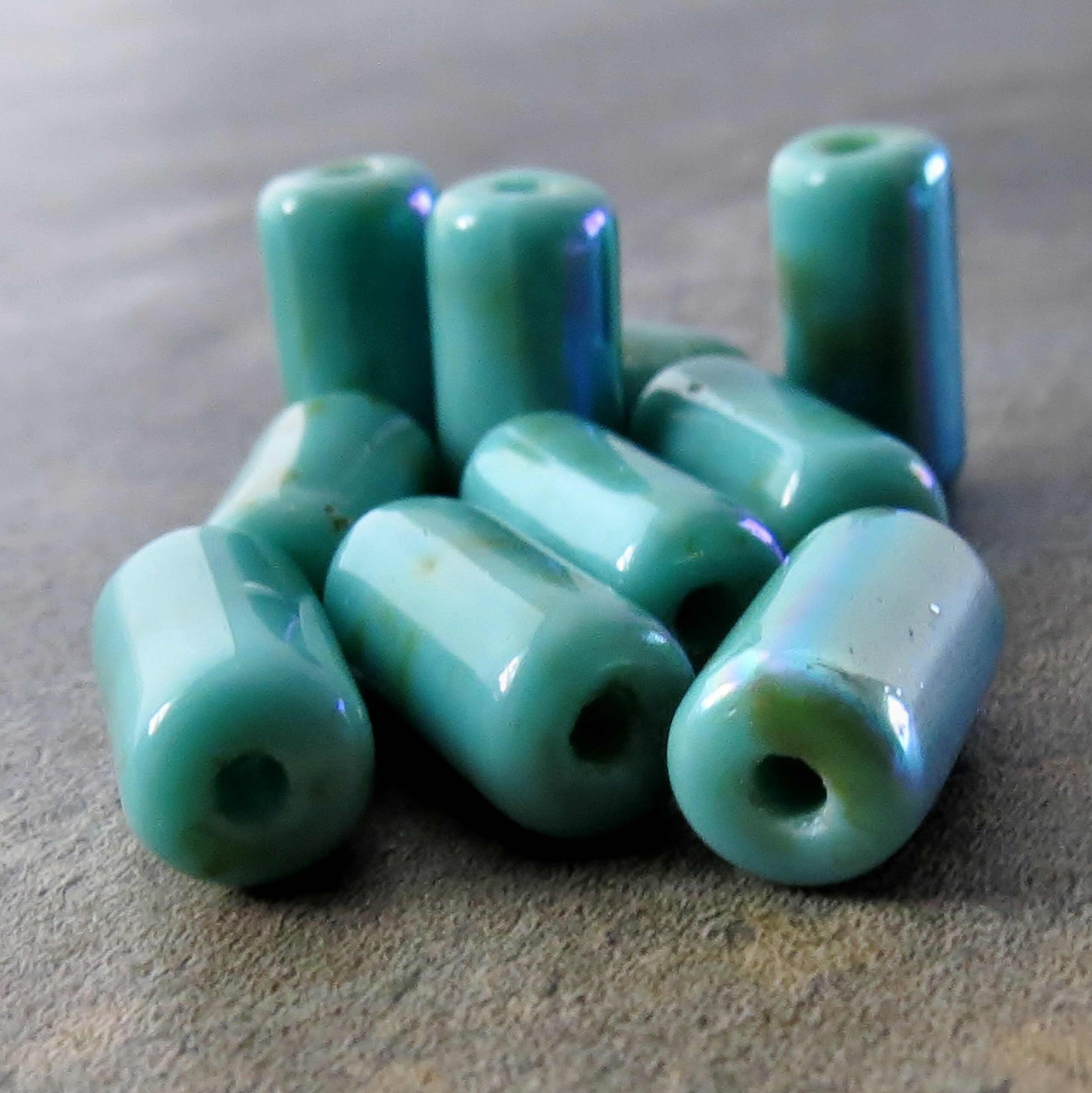 Opaque Turquoise Czech Glass 14mm Picasso AB Tube : 10 Pc