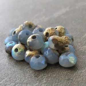 Cornflower Blue Etched Antique Gold Czech Glass Beads 5x3mm Faceted Rondelle : 30 pc Blue Czech Bead