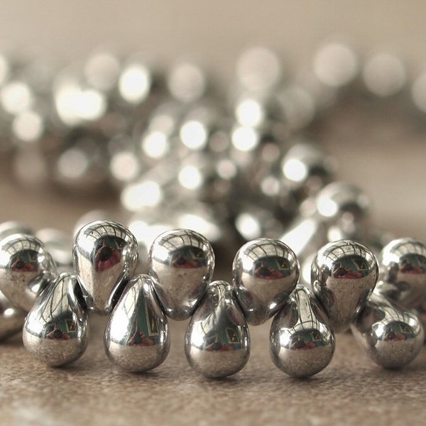 Czech Glass Bead Metallic Silver 4x6mm Tear drop : 50 pc Silver Teardrop