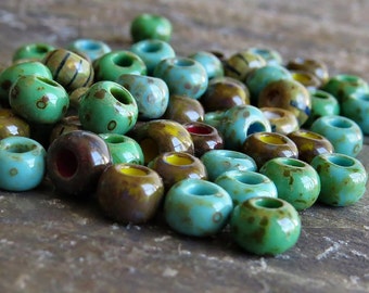 Jade Turquoise Picasso Striped 1/0 Czech Glass Seed Bead Mix : 10 inch Strand Picasso Seed Bead Mix