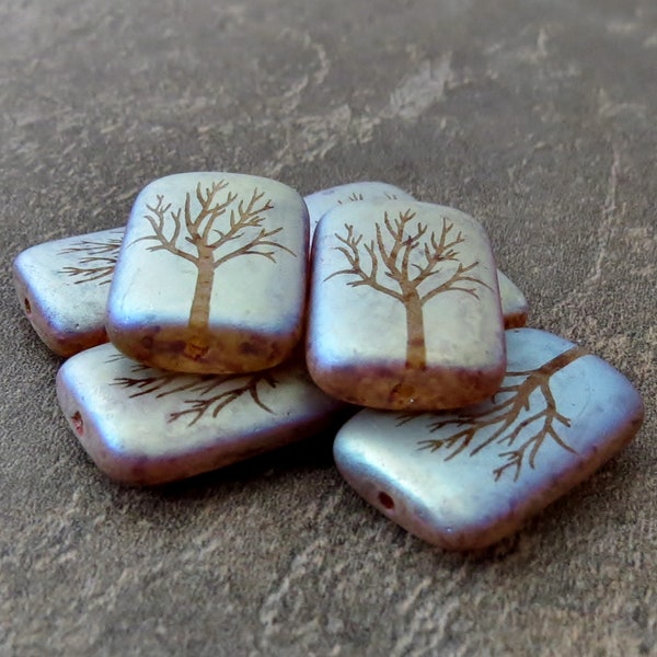 NEW Matte Transparent Crystal Laser Etched Tree Czech Glass Picasso AB Finish Rectangle : 6 pc Laser Etched Bead