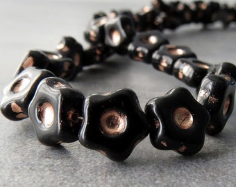 Jet Copper Czech Glass Bead 11mm Blossom Flower :  6 pc Black Flower Bead