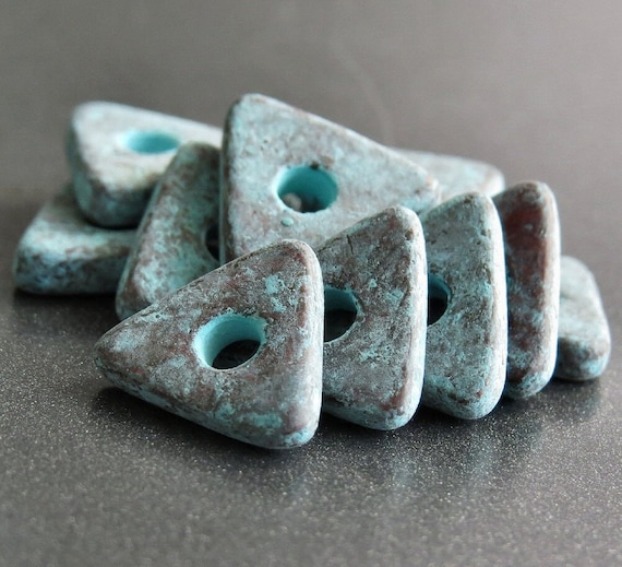 Green Patina Metallized 10mm Mykonos Greek Ceramic Triangle Washer : 12 pc Ceramic Spacer Bead