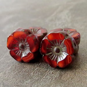 NEW Red Opal Orange Picasso 12mm Czech Glass Hibiscus Flower Bead  : 6 pc Czech Flower