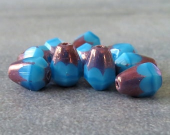 Sky Blue Silk Bronze Czech Glass Faceted 8x6mm Teardrop Bead : 10 pc Bottom Cut Czech Blue Teardrop Beads