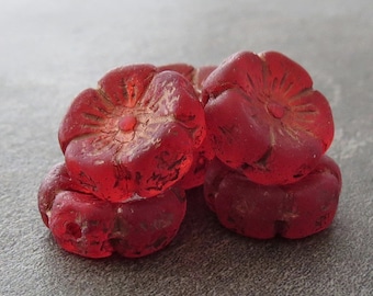 Matte Ruby Red Copper Etched 12mm Czech Glass Hibiscus Flower Bead  : 6 pc Red Czech Flower