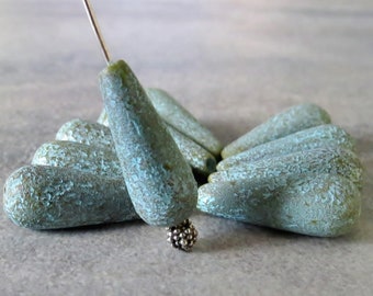 Moss Turquoise Stone Etched 15mm Czech Glass Teardrop Bead :  Full Strand Tear Drop Bead