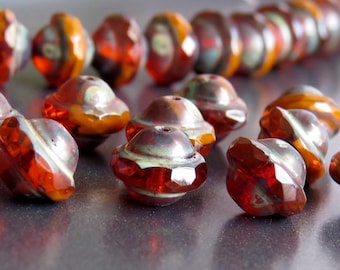 Orange Brick Picasso Czech Glass Bead 8x10mm Flying Saucer Bead :  10 Czech UFO Beads