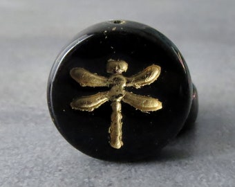 Black Purple Antique Gold Dragonfly 17mm Czech Glass Bead : 4 pc Jet Dragonfly Bead