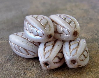 NEW Opaque White Luster Metallic Beige Wash Czech Glass 15x9mm Oval Twist : 6 pc