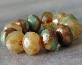 Turquoise Champagne Picasso 8x6mm Czech Glass Bead Faceted Rondelle : 12 pc Faceted Green Gold Rondel