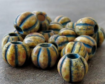 Cream Picasso Turquoise WashCzech Glass Bead Melon : 20 pc. 8mm Bead Czech Picasso