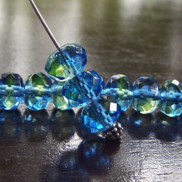 Sapphire Blue and Green 9x6mm Czech Glass Bead Gemstone Cut Donut :  LAST 8pc Blue Green Rondelle