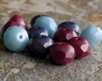 Indian Blue Corn Mix Czech Glass Picasso Bead Faceted 8x6mm Rondelle : 12 pc Blue Burgundy Donut