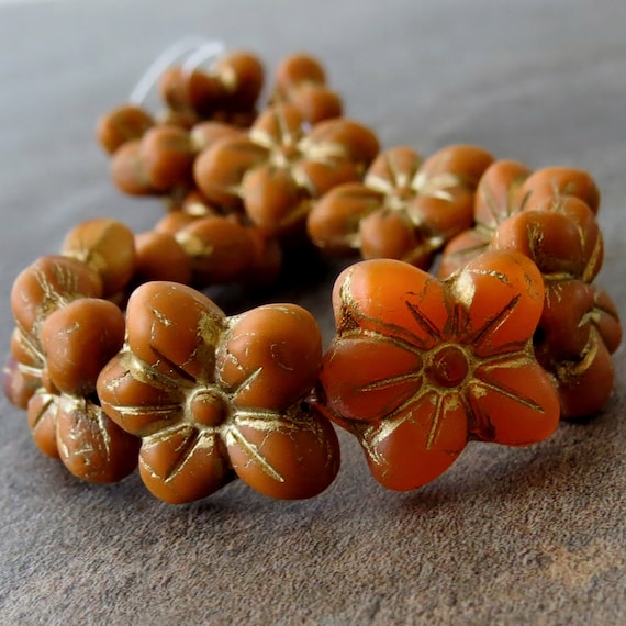 Tiger Lily Czech Glass Bead 14mm Flower Blossom : 6 Pc Orange
