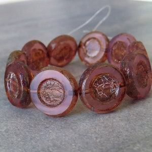 Pink Opaline Picasso Czech Glass 12mm Coin with Circle : 6 pc Pink Coin Beads