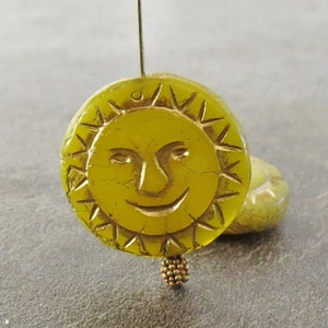 Smiling Sun Yellow Bronze 17mm Czech Glass Coin Bead :  2pc Czech Sun Face Bead