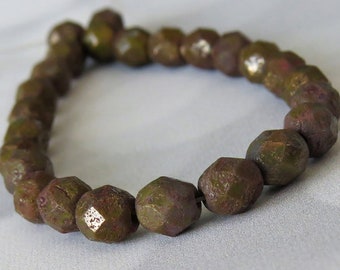 Olive Stone Copper Picasso Czech Glass Bead 6mm Firepolish  Faceted Round Bead : 25 pc