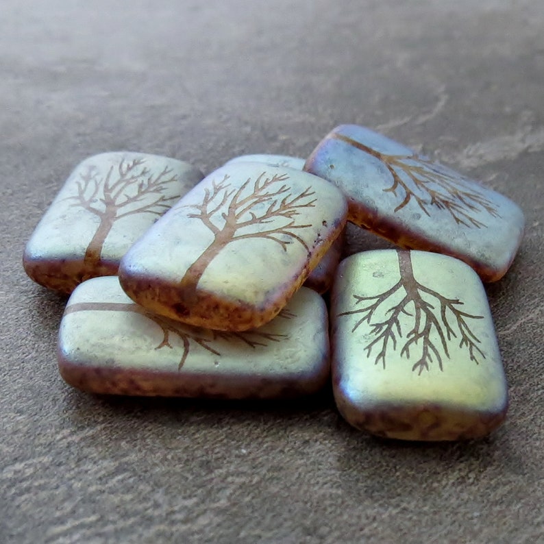 NEW Matte Transparent Crystal Laser Etched Tree Czech Glass Picasso AB Finish Rectangle : 6 pc Laser Etched Bead image 4