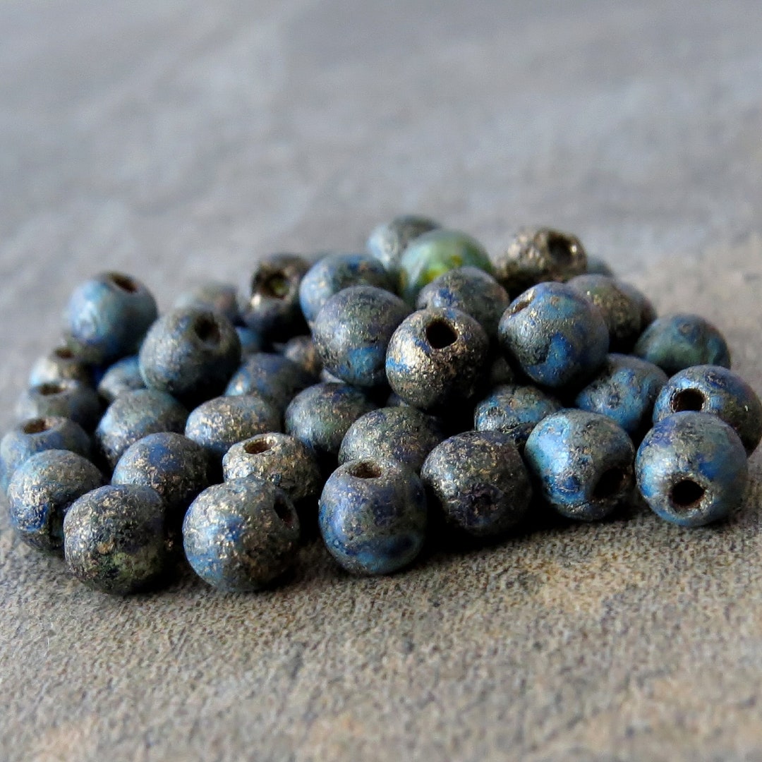 4 mm サファイア ゴールド エッチング ドゥルック チェコガラス ピカソ