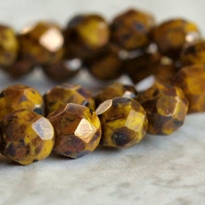 6mm Faceted Yellow Bronze Picasso Czech Glass Bead Round : 25 pc Full Strand